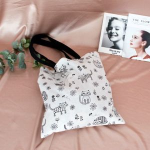 Kat Bloem Zwart Canvas Tote Bag Vrouwen Meisje Herbruikbare Boodschappentas Handtas Casual Tassen Opvouwbare Draagbare Reizen Shopper Bag