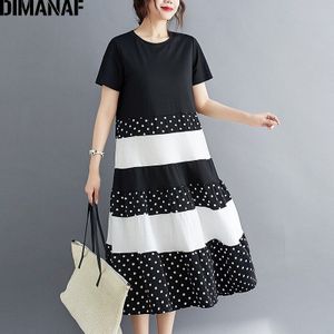 Dimanaf Zomer Plus Size Jurk Vrouwen Kleding Mode Zonnejurk Losse Print Dot Geplooide Spliced Katoen Lady Vestidos Zwarte Jurk