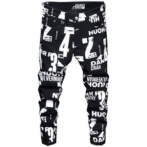 Mannen Witte Letters Cijfers Print Zwarte Jeans Trendy Sim Fit Stretch Denim Potlood Broek Broek