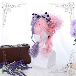 Cosplaysalon Lolita 35Cm Rood Vlassen Roze Mix Paars Ombre Krullend Bob Leuke Japan Pony Halloween Synthetische Partij Cosplay Pruik