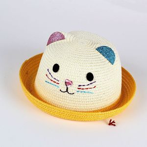 Kinderen Strohoed Leuke Zomer Kat Oor Decoratie Zon Hoeden Voor Kinderen Meisjes Jongens Effen Floppy Beach Cap Panama