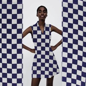 Blauw En Wit Gingham Print Pure Zijde Crêpe De Chine Stof Plaid Patroon Geometrische , SCDC807-M