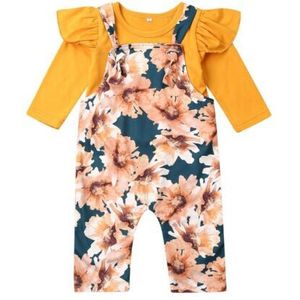 Peuter Kids Baby Girl Fall Winter Kleding Solid T-shirt Tops + Bloemen Bib Broek Totale Outfits Set 2 stuks
