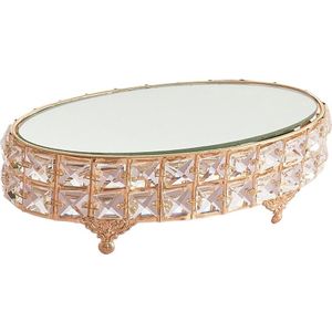 Ovale Spiegel-Top Cake Stand Fruit Dessert Lade Kristal Metalen Voetstuk Goud