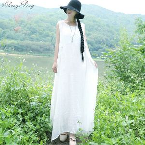 zomer katoen maxi jurk mouwloze Chinese oosterse jurken solid witte lange zomer overgooiers V874