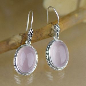 925 Sterling Zilveren Inlay Roze Ovale Natuursteen Rozenkwarts Dangle Oorbellen Etnische Thai Zilveren Fijne Sieraden Voor Vrouwen