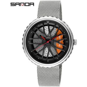 Sanda Mode Mannen Quartz Horloges Casual Steel Grid Waterdicht Horloges 3D Auto Wiel Model Wijzerplaat Mannen Klok Relogio Masculino