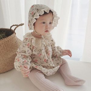 Facejoyous Herfst Baby Meisje Bodysuit Baby Meisje Kleine Bloemen Lange Mouw Jumpsuit Katoen Kant Kraag Bodysuit Met hoed