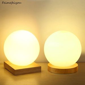 Feimefeiyou 15cm eenvoudige glas creatieve warm dimmer nachtlampje bureau slaapkamer bed decoratie bal houten kleine ronde bureaulamp