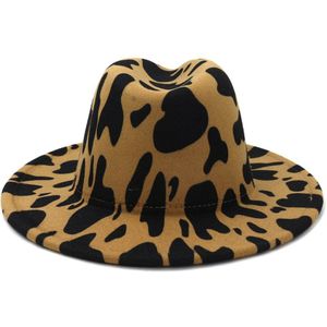 Winter Fedora Hoeden Voor Vrouwen Eenvoudige Unisex Platte Rand Wolvilt Jazz Fedora Hoeden Luipaard Print Brede Rand Panama Trilby cap Hoeden