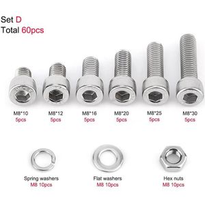 M3 M5 M6 M8 Schroeven Moeren Rvs Hex Socket Cap Schroeven Bouten Hex Moer Ringen Fastener Reparatie tool Set