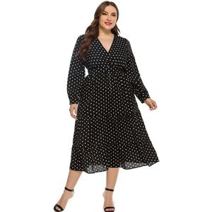 Zomer Lange Mouw Jurk Vrouwen V-hals Stipdruk Hoge Taille Chiffon Maxi Lange Jurk Plus Size Vrouwen kleding