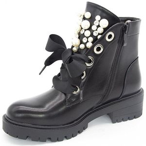 Vrouwen Parel Enkellaars Dames Lace Up Casual Pu Leer Midden Hakken Vrouwen Platform Schoeisel Vrouwelijke Naaien schoenen 36-41