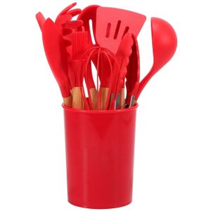 12Pcs Keukengerei Siliconen Kookgerei Set Houten Handvat Schop Non-stick Spatel Slip Gereedschap Set Met Opslag Emmer