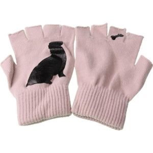 Womens Winter Gebreide Vingerloze Handschoenen Kawaii Cartoon Puppy Dog Bone Print Palm Heldere Snoep Kleur Half Vinger Wanten