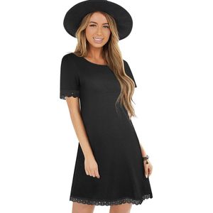 Nice-Forever Zomer Vrouwen Classic Black Kleur Met Kant Patchwork Jurken Casual Straight Shift Losse Vrouwelijke Jurk T029