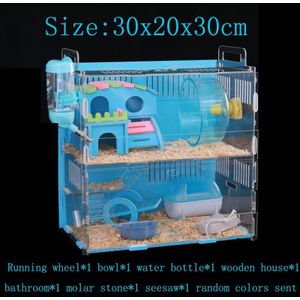 Blauw Hamster Huis Acryl Crystal Kooi Oversized Enkele Dubbeldeks Cavia Kooi Kleine Huisdier Villa 30x20x30cm