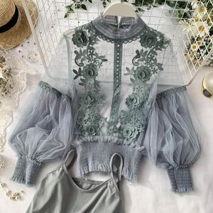 Lente Vrouwen Tops Sexy Sheer Lace Blouse Lantaarn Mouwen 3D Bloemen Blouses Shirts Elegante Top Blusas Femininas