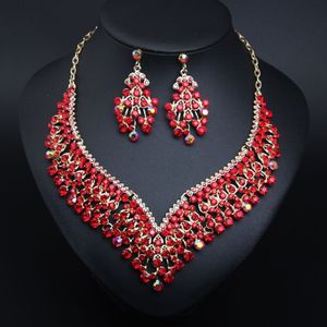 Red Rhinestone Oorbellen Ketting Set Sieraden Sets Vrouwen Goud Kleur Choker Bridal Wedding Party Kostuum Accessoires