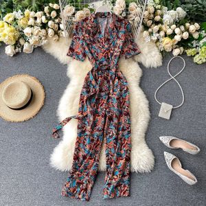 Vintage Notched Neck Rompertjes Slim Bloemenprint Zomer Volledige Lengte Bandage Jumpsuit Vrouwen Office Playsuit Tie Romper