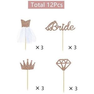 4/12pcs Rose Gold Glitter Bruid Om Cupcake Toppers Diamond Crown 3D Trouwjurk Taart Toppers voor bruids Douche Benodigdheden