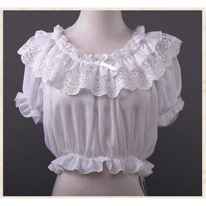 Vrouwen Lace Chiffon Semi Sheer Blouse Ruches Schouder Off Kant Ruche Korte Mouwen Losse Hemd Lolita Crop Top Voor Dames