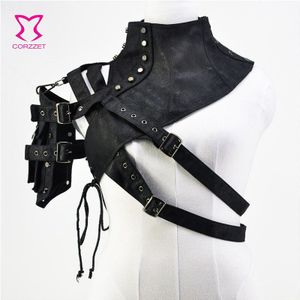 Zwart Unisex Lederen Steampunk Klinknagel Een Schouder Armor Arm Warmer Stand Kraag Gothic Kleding Punk Corset Accessoires Plus Size