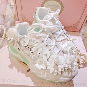 Womens 3D Bloemen Parels Sneakers Platform Lace Up Schoenen Sport Meisjes Diy Wit Casual Hoge Hak Dames 2022 2022