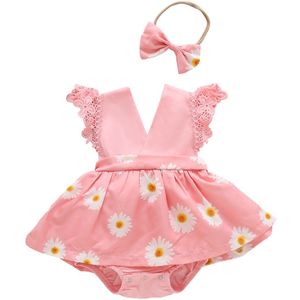 Zomer Kleding Baby Meisje Kant Bloemen Ruche Jumpsuits Pasgeboren Katoen Mouwloze Leuke Romper + Hoofdband Kleding