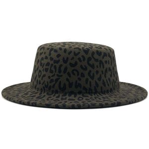 Brede Rand Luipaard Print Platte Top Wol Fedora Vilten Hoed Voor Vrouwen Herfst Winter Schipper Jazz Cap Zwart Band