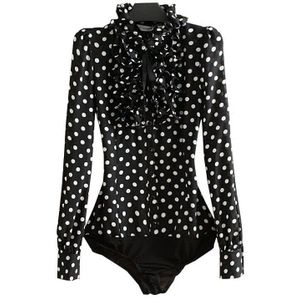 Mode Polka Dot Print Bodysuit Vrouwen Zwarte Body Shirt Lange Mouw Blouses Vrouwelijke Koreaanse Ruches Jumpsuits Romper Tops