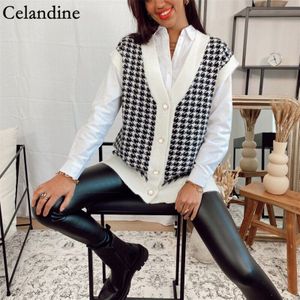 Celandine Herfst Winter Houndstooth V-hals Losse Cardigan Vest Vrouwen Mouwloze Oversized Gebreide Trui Casual Jumper