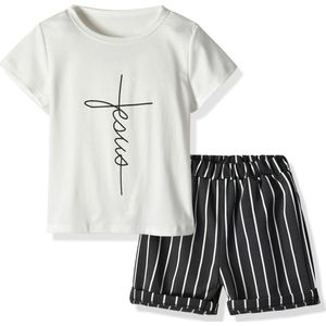 Kinderen Kid 'S Boy 'S Casual Ronde Hals Korte Mouwen Brief Print T-shirt Strepen Shorts Vrijetijdskleding Pakken homewear Outfits