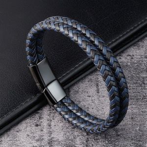 Mannen Geweven Lederen Armband Rvs Magnetische Gesp Armband Bruin Blauw Polsband Bangles Jongen Ornament