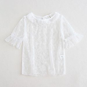 Kinderen Chiffon Overhemd Lolita Baby Meisjes Kant Ronde Kraag Studenten Bloemen Wit Korte Mouw Hemd Jonge Vrouwen Zomer