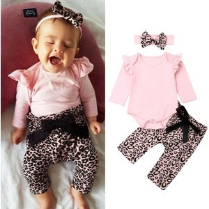 0-18M Pasgeboren Baby Meisjes Jongens Kleding Sets Roze Lange Mouwen Tops + Luipaard Strik Broek Hoofdband 3pcs Outfit Set