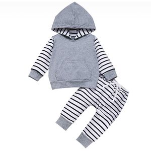 2 STUKS Pasgeboren Baby Jongen Meisje Winter Kleding Set Hooded Tops Gestreepte Broek Outfits