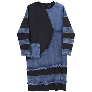 [Eam] Vrouwen Blue Denim Split Joint Big Sze Jurk Ronde Hals Lange Mouw Losse Fit Mode Tij lente Herfst 1Z209