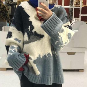 Truien Vrouwen Blauwe Hemel Panelled Harajuku Winter Warme Zachte Bf Vrouwelijke Trui Mooie Losse Chic Populaire Dagelijkse Gebreide Straat