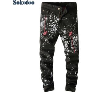 Sokotoo mannen dragonfly borduren gedrukt jeans Black slim-fit geschilderd lange broek