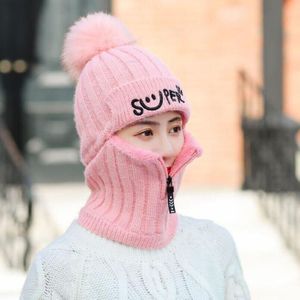 Knit Beanie Hoed En Sjaal Set Haarbal Pompom Hoeden Vrouwelijke Dikke Hoed Winter Warm Leuke Meisjes Mode Brief Smiley Rits hoed