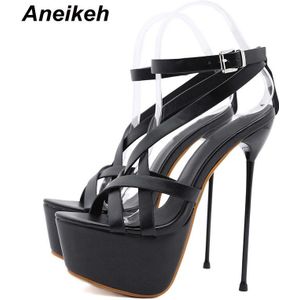 Aneikeh Mode Head Peep Toe Hoge Hak Gesp Riem Pu Vrouwen Schoenen Solid Zomer Platform Sandalen Zapatos De mujer Zwart