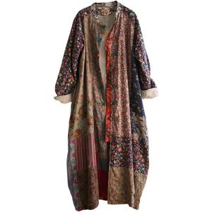 Johnature Vrouwen Print Bloemen Geul Vintage Jassen Herfst Stand Lange Mouwen Losse Chinese Stijl Katoen Linnen Trenchcoat