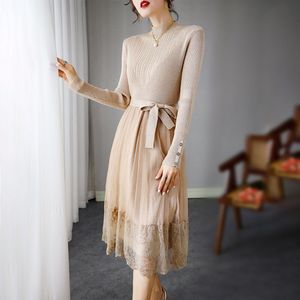 Elegante Pure Kleur Jurk Vrouwen Kant Mesh Patchwork Trui Gebreide Jurk Koreaanse Stijl Office Lady Sweet Vestidos Robe