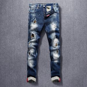 Amerikaanse Streetwear Mode Mannen Jeans Top Retro Donkerblauw Elastische Slim Fit Ripped Denim Broek Patchwork Hip Hop Broek