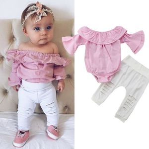 Peuter Baby Meisjes Sets 2 Stuks Lange Flare Mouw Roze Plaid Romper Tops Witte Gat Broek 0-24M