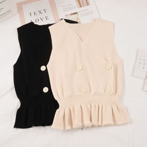 Vrouwen Herfst Winter Casual Vest Lady V-Nevk Mouwloos Ruches Gebreide Gilet Vrouwelijke Knop Losse Slanke Trui Vest g15