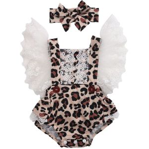 Baby Meisje Luipaard Jumpsuit Zomer Baby Kleding Kant Vliegende Mouw Luipaard Romper + Haarband Outfits