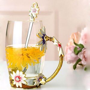 Creatieve Hittebestendige crystal glass mok, Emaille Glas Mok, Bloem Thee Set Koffie Cup, water Melk Koffie Drinkware Voor