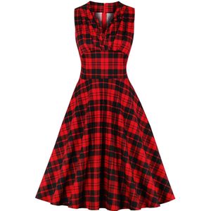 Summer Women Sleeveless Midi Dresses Casual Vintage Office Lady Red Plaid Female Retro Pleated Dress